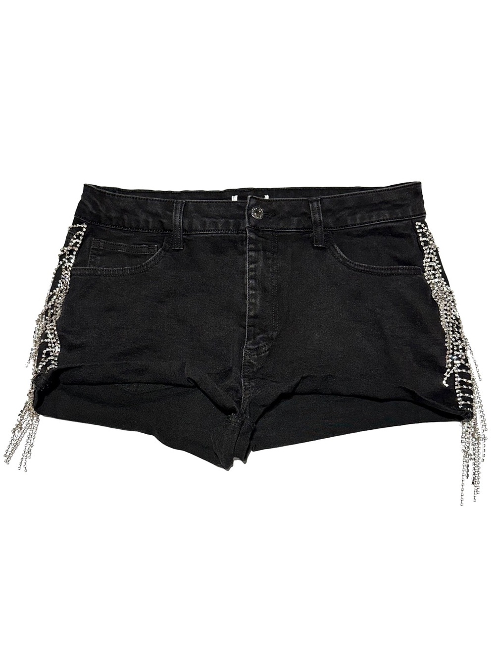 Y2K Rhinestone Fringe Black Denim Micro Shorts Festival Clubwear Western Glam